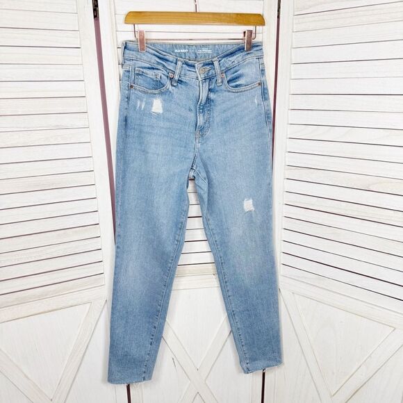 Old Navy High Rise OG Straight Raw Hew Mom Jeans Blue 4 Ankle Distressed - Picture 2 of 13